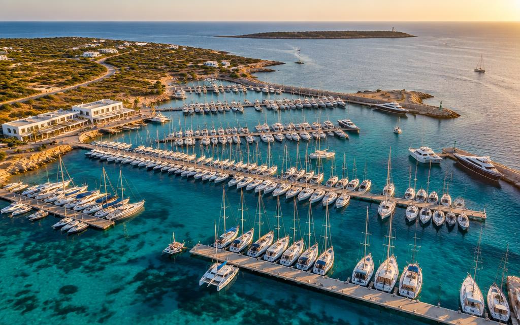 Marina mediterránea con amarres al atardecer