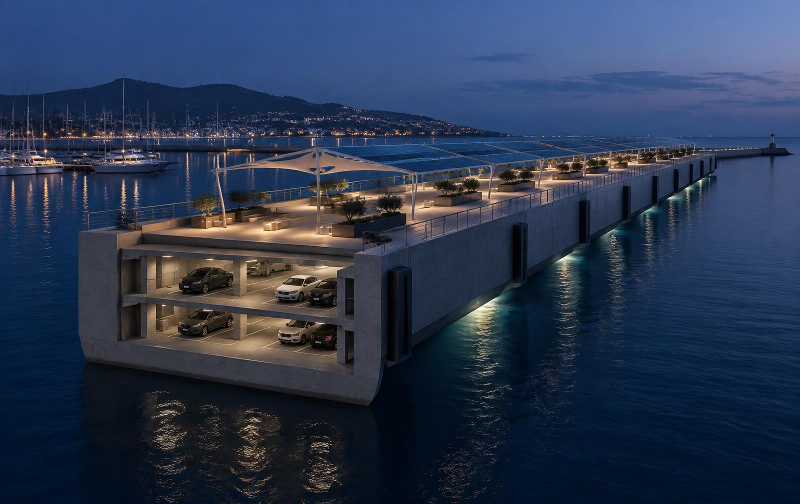 Render de dique flotante modular con aparcamiento interior y paseo superior